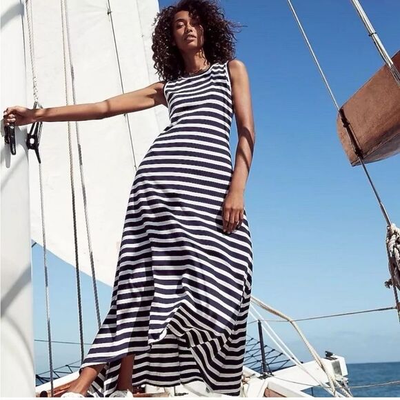 J. CREW Nwot High Low cotton Striped Maxi Dress | Navy & White Size S - Picture 1 of 6